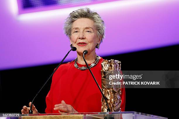 French actress Emmanuelle Riva speaks beside her trophy after receiving the Best Actress award for Austrian director Michael Haneke’s film "Amour"...