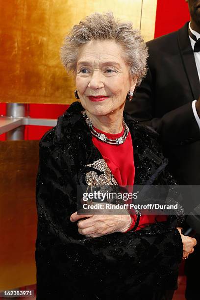 Emmanuelle Riva prepares to talk during a live broadcast after she arrived to attend the Cesar Film Awards 2013 at Theatre du Chatelet on February...