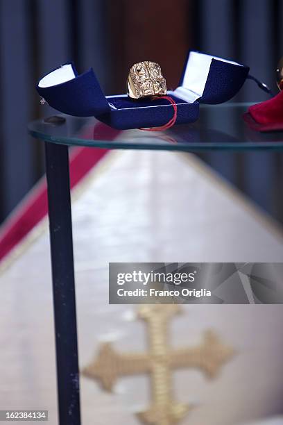 Close-up view of a ring worn by a Cardinal is seen in a window display of the shop of Stefano Gammarelli, the Pope's taylor on February 22, 2013 in...