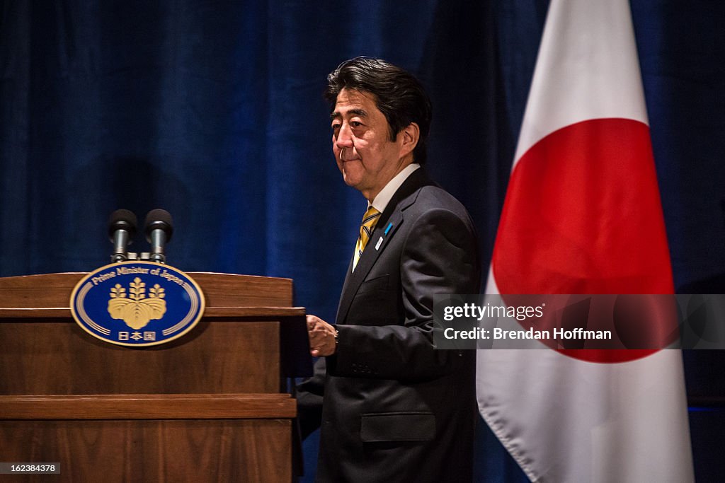 Japanese Prime Minister Shinzo Abe Holds A News Conference In Washington DC