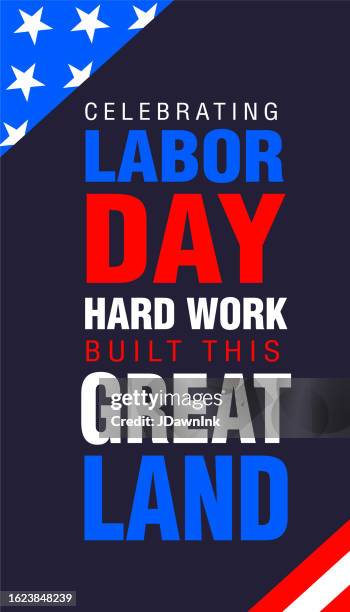alles gute zum tag der arbeit, das das amerikanische lange wochenende feiert september feiertag vertikales bannerdesign auf blauem hintergrund - labor-day-nordamerikanischer-feiertag stock-grafiken, -clipart, -cartoons und -symbole