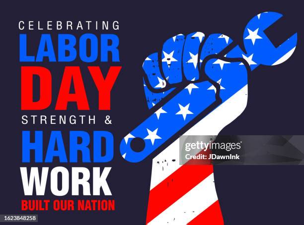 happy labor day celebrating american long weekend september holiday horizontal web banner design on blue background - labor day stock illustrations