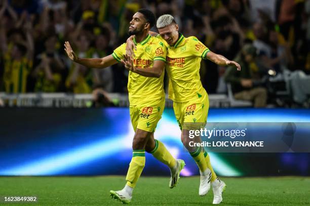 Nantes' Cameroonian defender Jean-Charles Castelletto celebrates after scoring during the French L1 football match between FC Nantes and AS Monaco at...