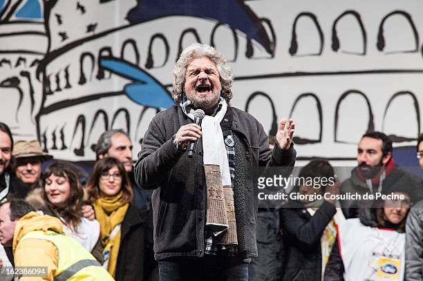 Beppe Grillo, leader of the Movimento 5 Stelle, Five Star Movement, speaks at Piazza San Giovanni during his last political rally before the national...