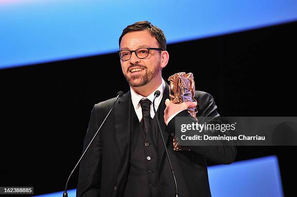 Cyril Mennegun receives the Best Firt Movie Cesar for 'Louise Winner' during the 37th Cesar Film Awards Cesar Film Awards 2013 at Theatre du Chatelet...