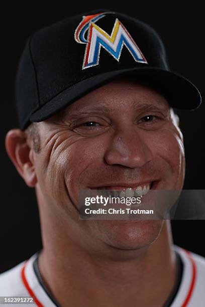 Michael Wuertz of the Miami Marlins poses for a photograph at spring training media photo day at Roger Dean Stadium on February 22, 2013 in Jupiter,...