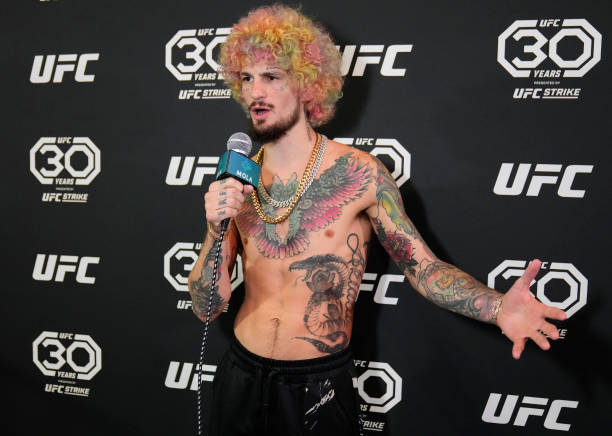 Sean O'Malley is interviewed backstage during the UFC 292 ceremonial weigh-in at TD Garden on August 18, 2023 in Boston, Massachusetts.