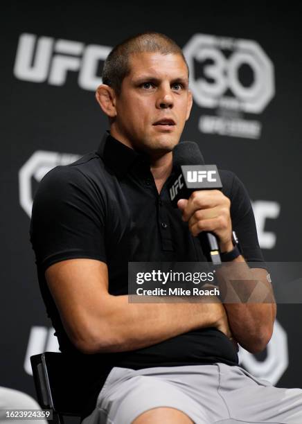 Joe Lauzon is seen on stage during a Q&A session prior to the UFC 292 ceremonial weigh-in at TD Garden on August 18, 2023 in Boston, Massachusetts.