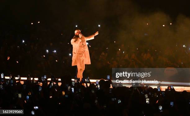 Abel 'The Weeknd' Tesfaye performs at Wembley Stadium on August 18, 2023 in London, England.