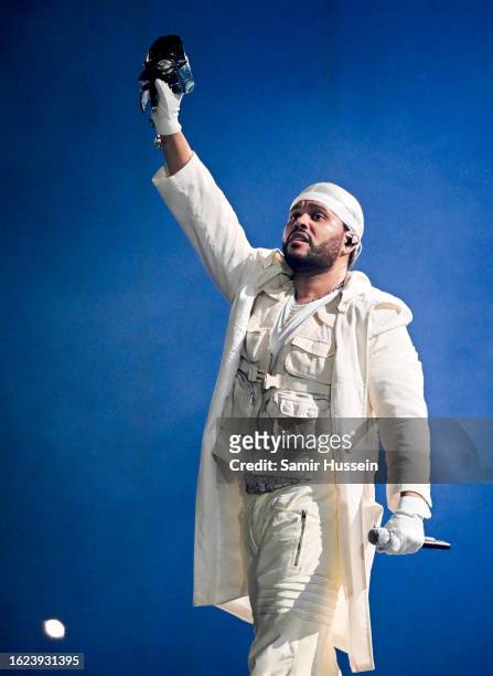 Abel 'The Weeknd' Tesfaye performs at Wembley Stadium on August 18, 2023 in London, England.