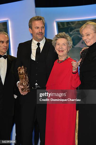 Kevin Costner, Emmanuelle Riva and Margaret Menegoz attend the Cesar Film Awards 2013 at Theatre du Chatelet on February 22, 2013 in Paris, France.