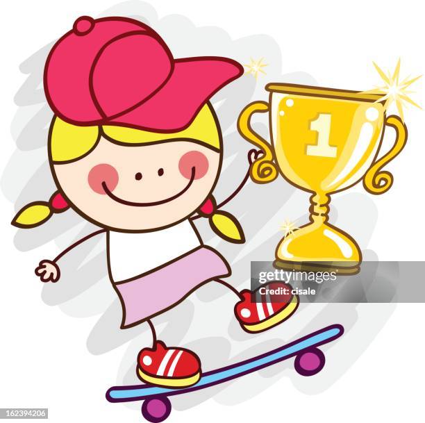 female skater with winner cup cartoon illustration - life after stroke awards 2011 stock illustrations