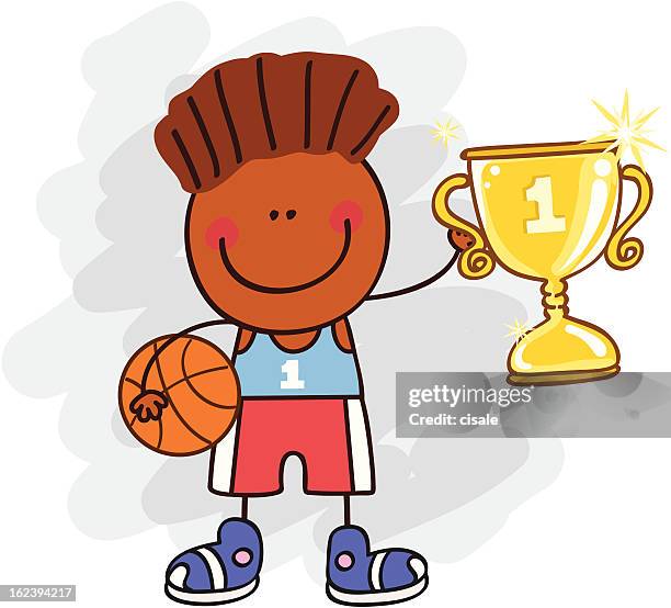 male basketballer with winner cup vector cartoon illustration - life after stroke awards 2011 stock illustrations