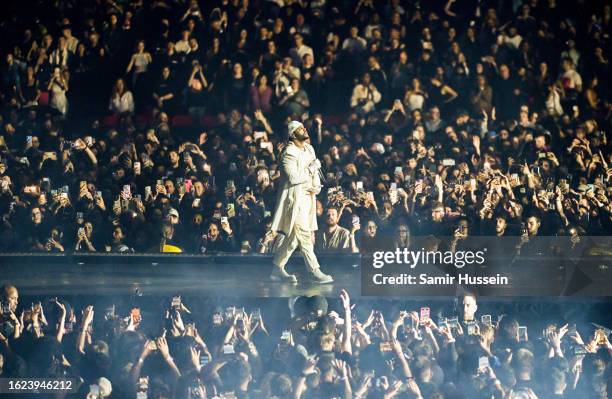 Abel 'The Weeknd' Tesfaye performs at Wembley Stadium on August 18, 2023 in London, England.