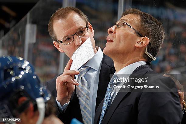Head Coach Dan Bylsma of the Pittsburgh Penguins talks with Assistant Coach Tony Granato during the game against the Florida Panthers on February 22,...