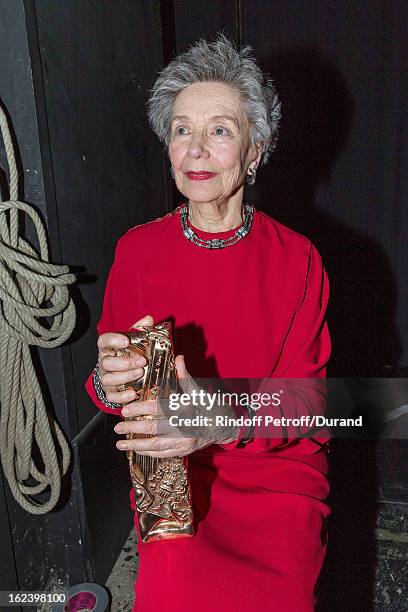 Emmanuelle Riva sits backstage and holds the best actress Cesar award she received for "Amour", during the Cesar Film Awards 2013 at Theatre du...