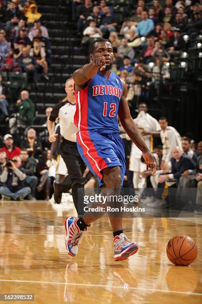Will Bynum of the Detroit Pistons dribbles the ball and calls a play out against the Indiana Pacers on February 22, 2013 at Bankers Life Fieldhouse...