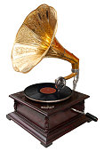 Brass gramophone with vinyl against white background