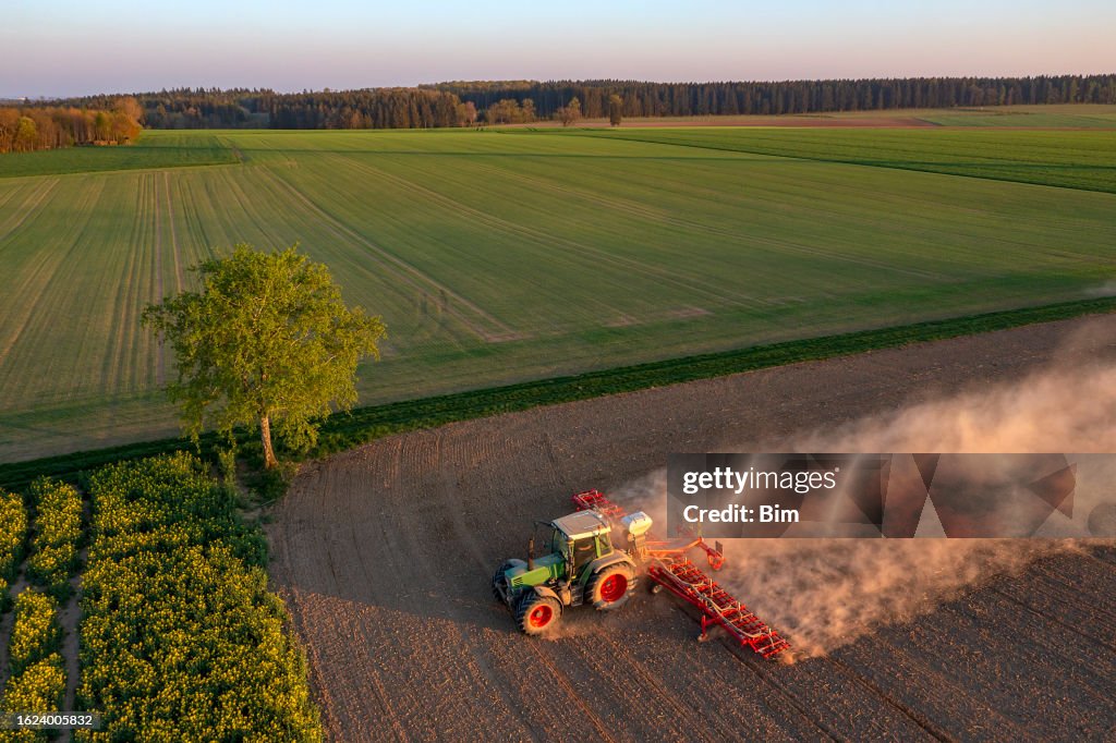 Traktor wirbelt Staub auf dem Feld auf
