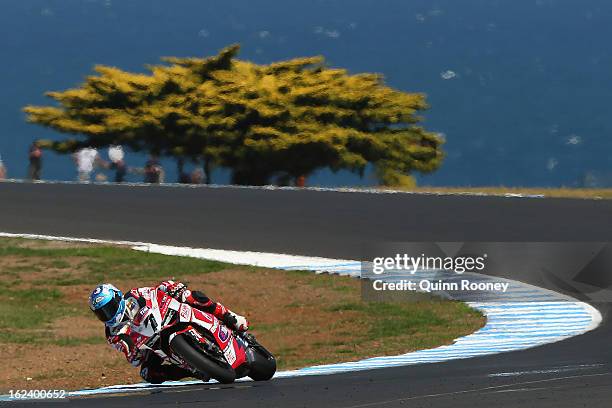 Carlos Checa of Spain riding the Team Ducati Alstare during Superpole for the World Superbikes at Phillip Island Grand Prix Circuit on February 23,...