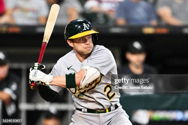 Nick Allen of the Oakland Athletics starts his swing before hitting a two-run single in the fifth inning against the Chicago White Sox at Guaranteed...