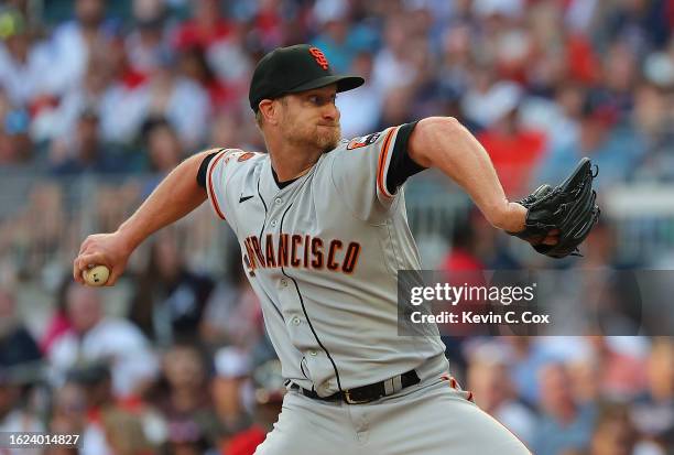 Alex Cobb of the San Francisco Giants pitches in the first inning against the Atlanta Braves at Truist Park on August 18, 2023 in Atlanta, Georgia.