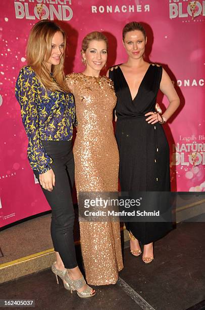 Miriam Weichselbraun, Barbara Obermeier and model Kiera Chaplin attend the after party for the premiere of 'Natuerlich Blond' held at the Rathaus on...