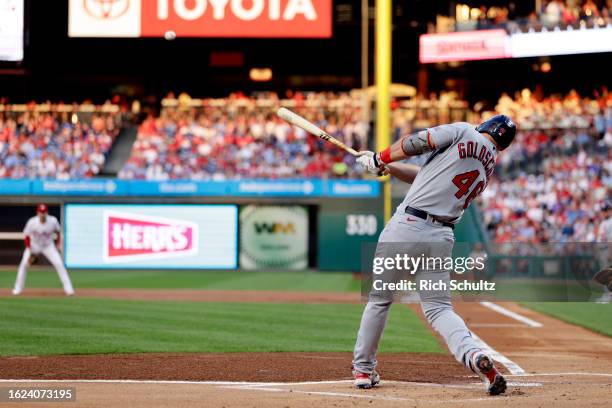 Paul Goldschmidt of the St. Louis Cardinals hits a two-run home run against the Philadelphia Phillies during the first inning of a game at Citizens...