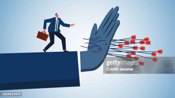 bildbanksillustrationer, clip art samt tecknat material och ikoner med dedication, sacrifice, high ideals or spiritual pursuits, the huge hand protecting the small businessman was pierced by an arrow in the palm of his hand - försvara