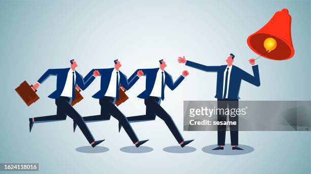 notices announcements messages or risk crisis announcements, information alerts, job postings, marketing or advertising messages pushed, people running toward businessmen pulling bells - hotel staff stock illustrations