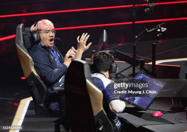 Evil Geniuses' Jawgemo cheers a team point during their lower bracket final against LOUD at the Riot Games Valorant Champions Tournament at Kia Forum...