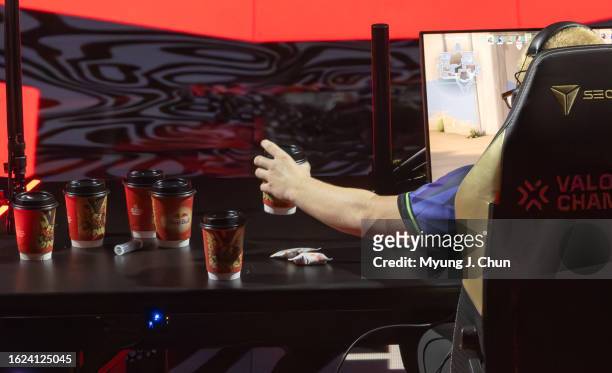 Kelden "Boostio" Pupello of Evil Geniuses grabs a drink between rounds against defending champions LOUD in the lower bracket final during the Riot...
