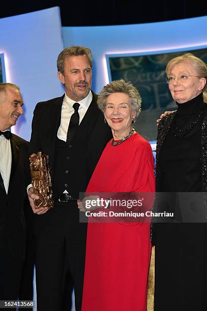 Kevin Costner, Emmanuelle Riva and Margaret Menegoz attend the Cesar Film Awards 2013 at Theatre du Chatelet on February 22, 2013 in Paris, France.