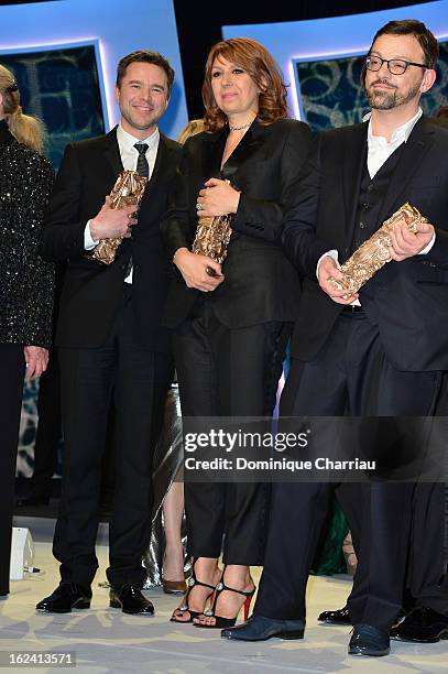 Guillaume de Tonquedec, Valerie Benguigui and Cyril Mennegun attend the Cesar Film Awards 2013 at Theatre du Chatelet on February 22, 2013 in Paris,...