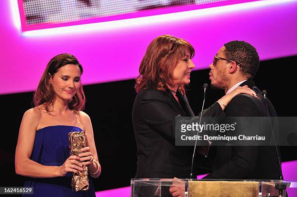 Virginie Ledoyen, Valerie Benguigui and Joey Starr attend the Cesar Film Awards 2013 at Theatre du Chatelet on February 22, 2013 in Paris, France.