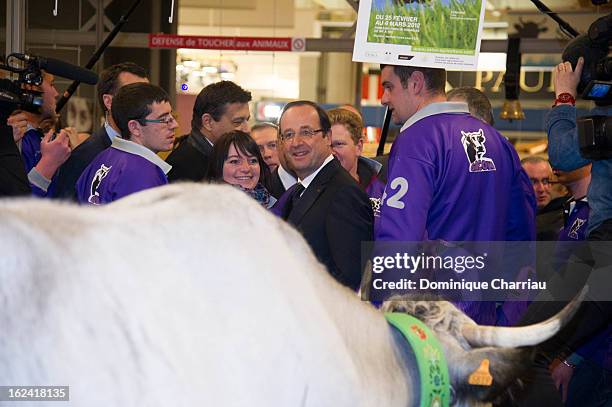 French President Francois Hollande visits the 50th International Agriculture Fair of Paris at the Porte de Versailles exhibition center on February...