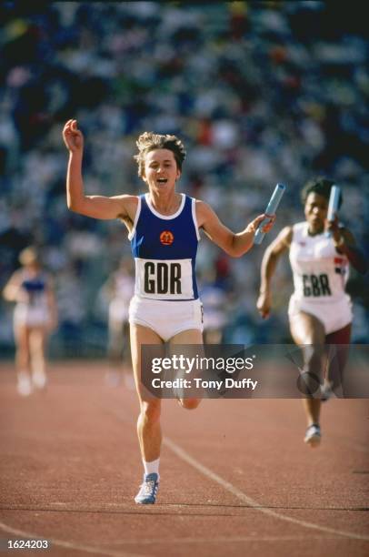Marlies Gohr of the German Democratic Republic in action during the 4 x100 Metres Relay event at the 1980 Olympic Games in Moscow. The East German...