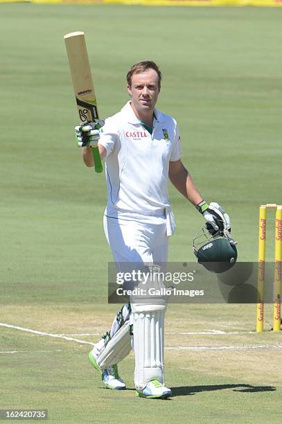 De Villiers of South Africa celebrates his 100 during day 2 of the 3rd Test match between South Africa and Pakistan at SuperSport Park on February...