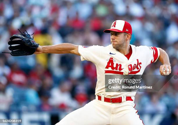 Tyler Anderson of the Los Angeles Angels throws against the Tampa Bay Rays in the first inning at Angel Stadium of Anaheim on August 18, 2023 in...