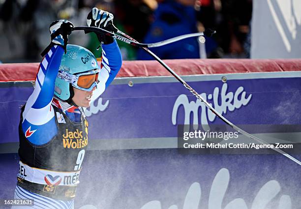 Marie Marchand-Arvier of France celebrates taking 3rd place during the Audi FIS Alpine Ski World Cup Women's Downhill on February 23, 2013 in...