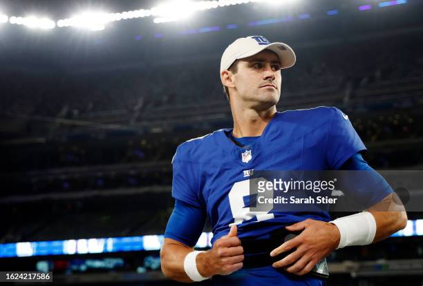 Daniel Jones of the New York Giants looks on after the second half of a preseason game against the Carolina Panthers at MetLife Stadium on August 18,...
