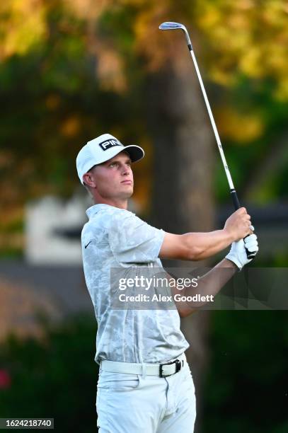 William Mouw shoots from the ninth hole during the second round of the Albertsons Boise Open presented by Chevron at Hillcrest Country Club on August...