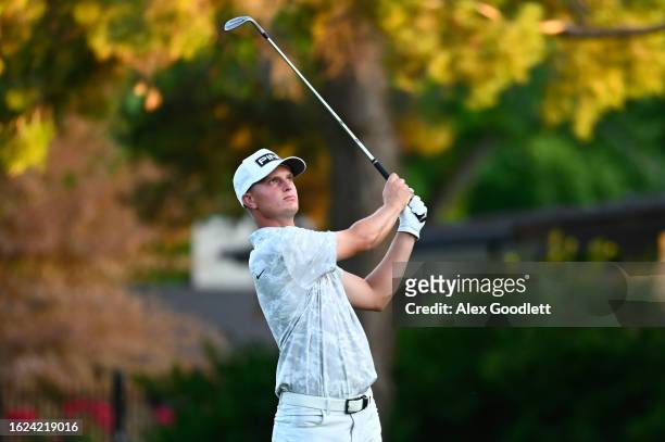 William Mouw shoots from the ninth hole during the second round of the Albertsons Boise Open presented by Chevron at Hillcrest Country Club on August...