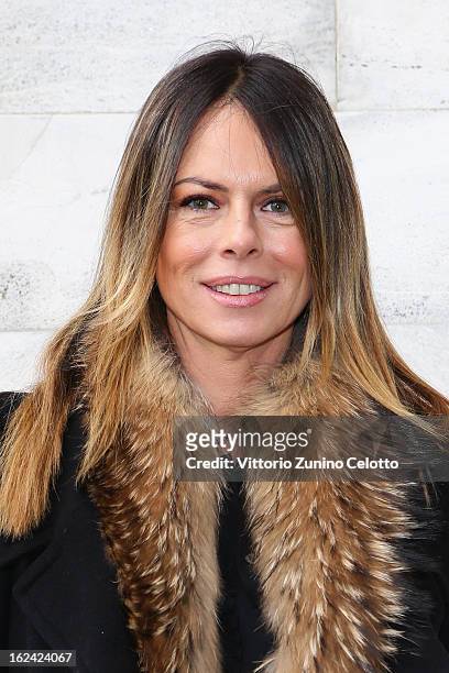 Paola Perego attends the Roberto Cavalli fashion show as part of Milan Fashion Week Womenswear Fall/Winter 2013/14 on February 23, 2013 in Milan,...