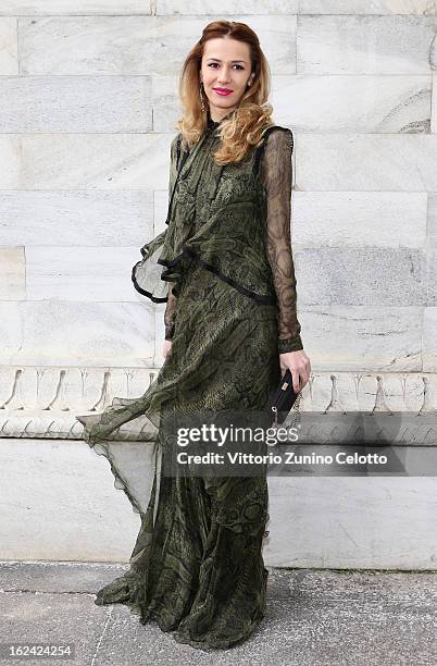 Janina Nectara attends the Roberto Cavalli fashion show as part of Milan Fashion Week Womenswear Fall/Winter 2013/14 on February 23, 2013 in Milan,...