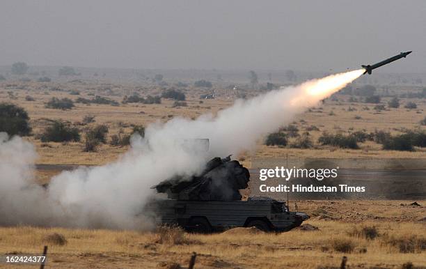 Missile during the exercise Iron Fist -2013 at firing range in Pokhran on February 22, 2013 in Jaisalmer, India.