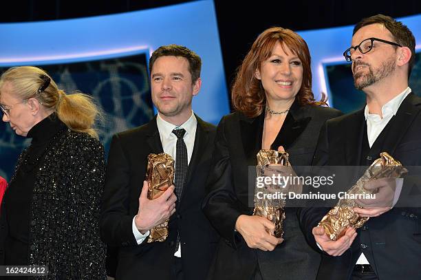 Guillaume de Tonquedec, Valerie Benguigui and Cyril Mennegun attend the Cesar Film Awards 2013 at Theatre du Chatelet on February 22, 2013 in Paris,...