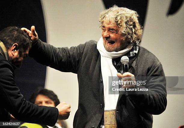 Beppe Grillo , leader of the Movimento 5 Stelle, Five Star Movement speaks at Piazza del Popolo during his last political rally before the national...