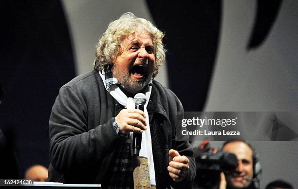 Beppe Grillo, leader of the Movimento 5 Stelle, Five Star Movement, speaks at Piazza del Popolo during his last political rally before the national...