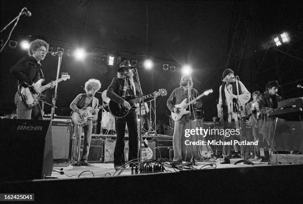 American pop group The Beach Boys performing at the Great Western Express Lincoln Festival, Bardney, Lincolnshire, 28th May 1972. Far left to right:...